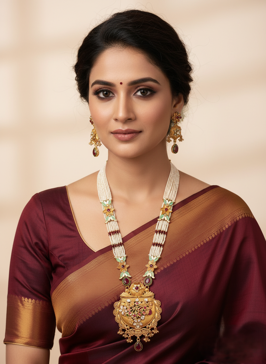 Majestic Gold Plated Meenakari & Pearl Multi-Strand Necklace Set with Earrings
