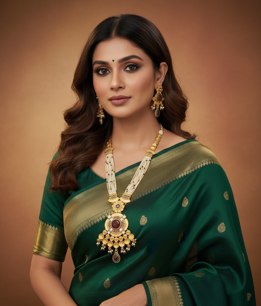 Traditional Gold Plated Multi-Strand Pearl Long Necklace Set with Matching Earrings