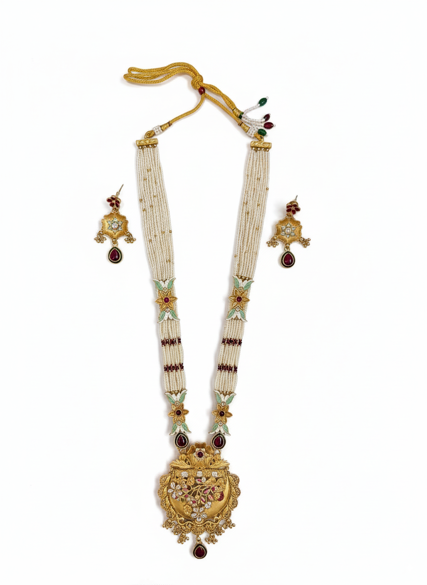 Majestic Gold Plated Meenakari & Pearl Multi-Strand Necklace Set with Earrings