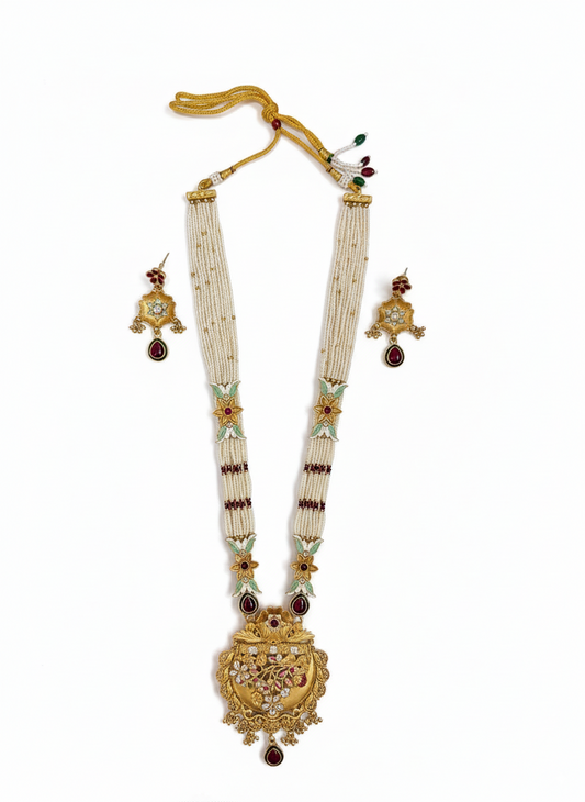 Majestic Gold Plated Meenakari & Pearl Multi-Strand Necklace Set with Earrings