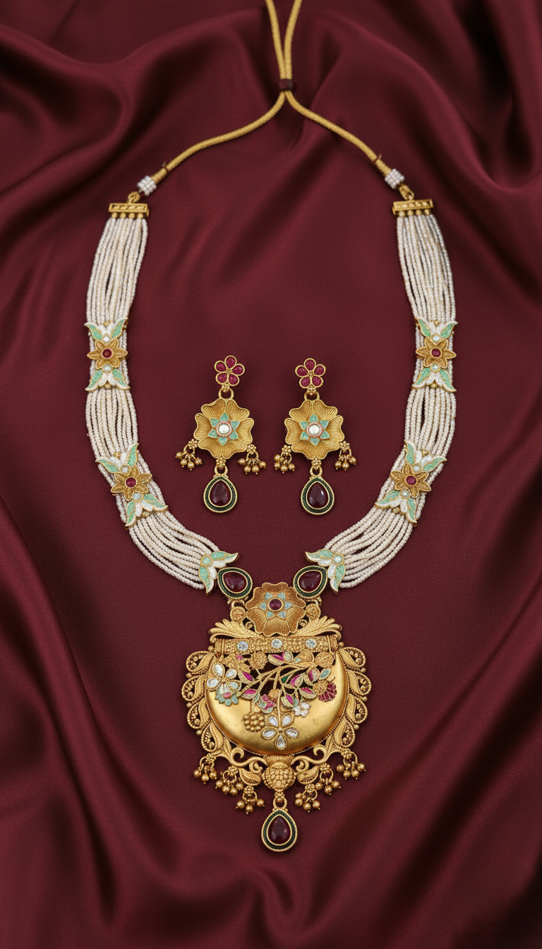 Majestic Gold Plated Meenakari & Pearl Multi-Strand Necklace Set with Earrings